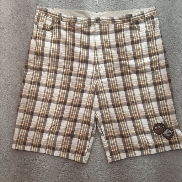 Old Skool Men's 90's Y2K hip hop Urbanwear Baggie Brown tan plaid Shorts Size 50 - Picture 1 of 10